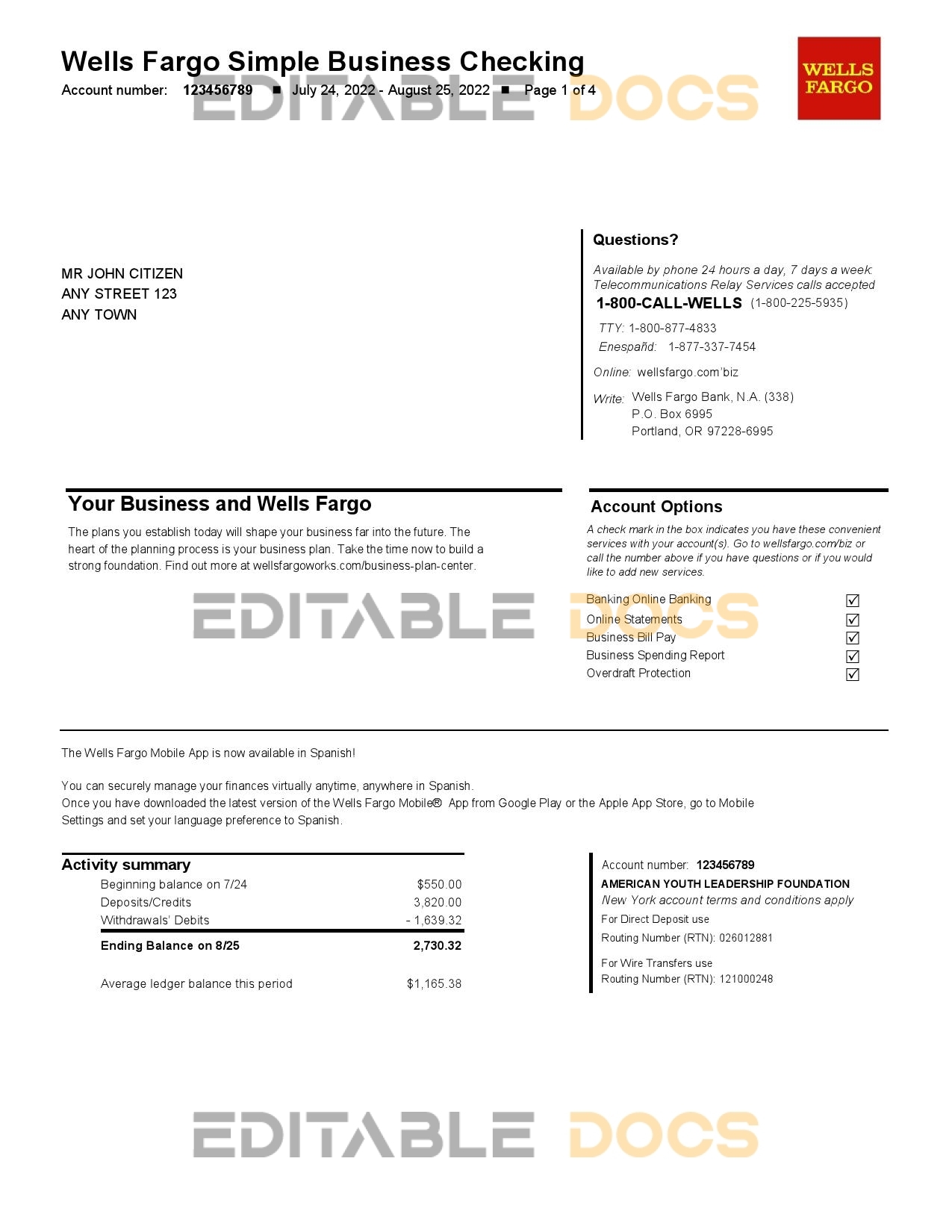 USA Wells Fargo Bank Simple Business Checking bank statement, Word and PDF template, 4 pages
