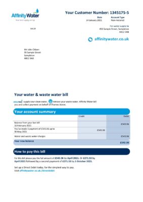 United Kingdom Affinity Water utility bill template in Word and PDF format