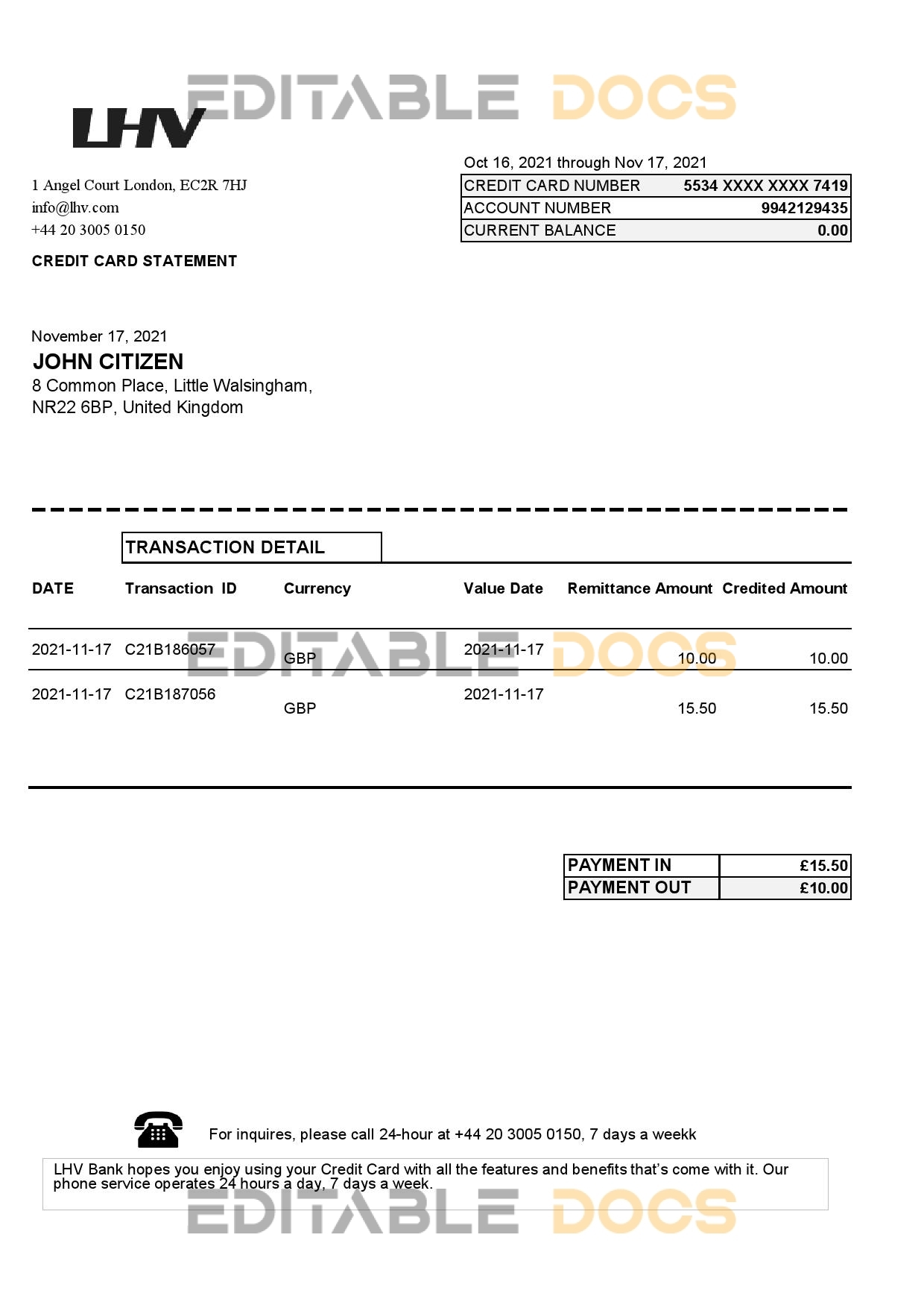 United Kingdom LHV Group bank statement in Excel and PDF format