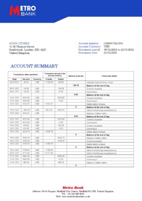 United Kingdom Metro Bank statement template in Word and PDF format