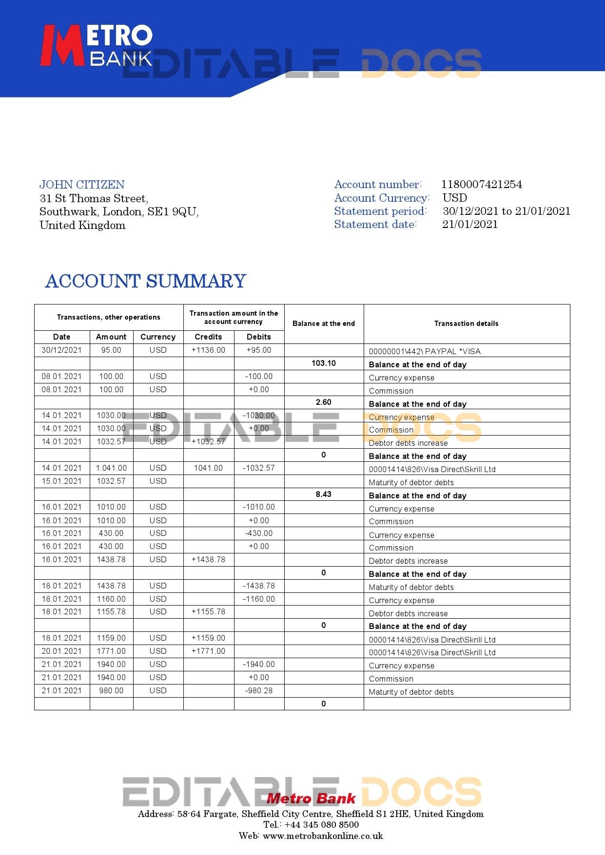 United Kingdom Metro Bank statement template in Word and PDF format