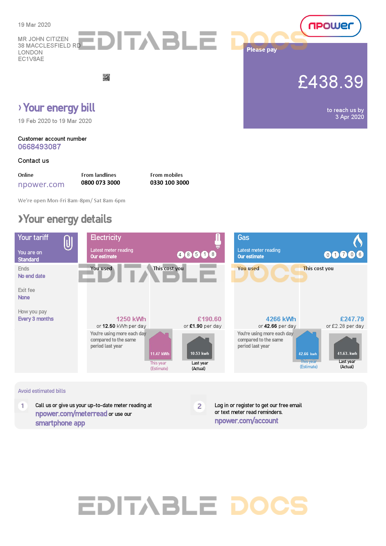 United Kingdom Npower utility bill template, fully editable in PSD format