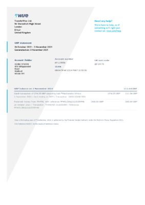 United Kingdom Wise bank statement template in Word and PDF format