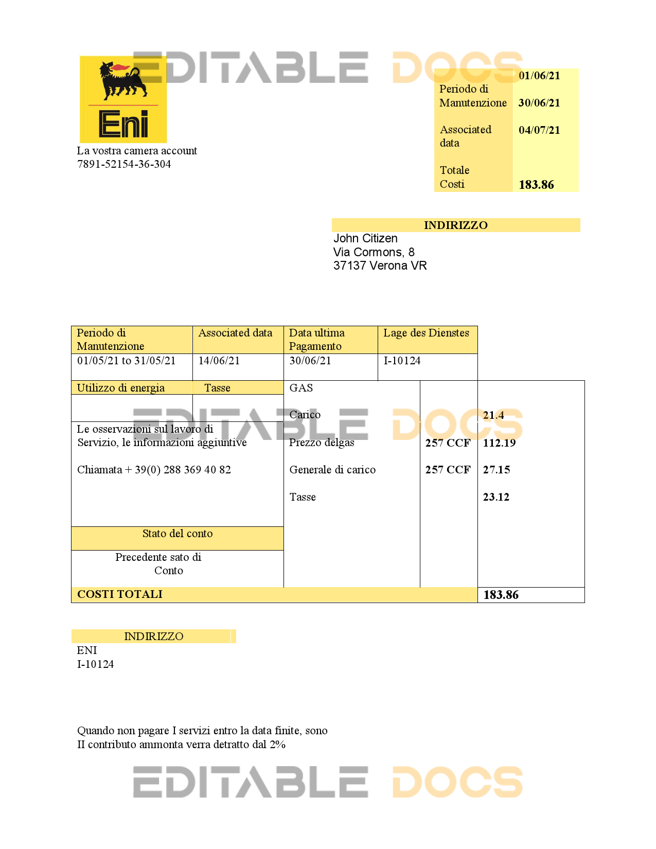 Italy Gas utility bill template in .doc and .pdf format, fully editable