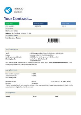 United Kingdom Tesco Mobile utility bill template in Word and PDF format