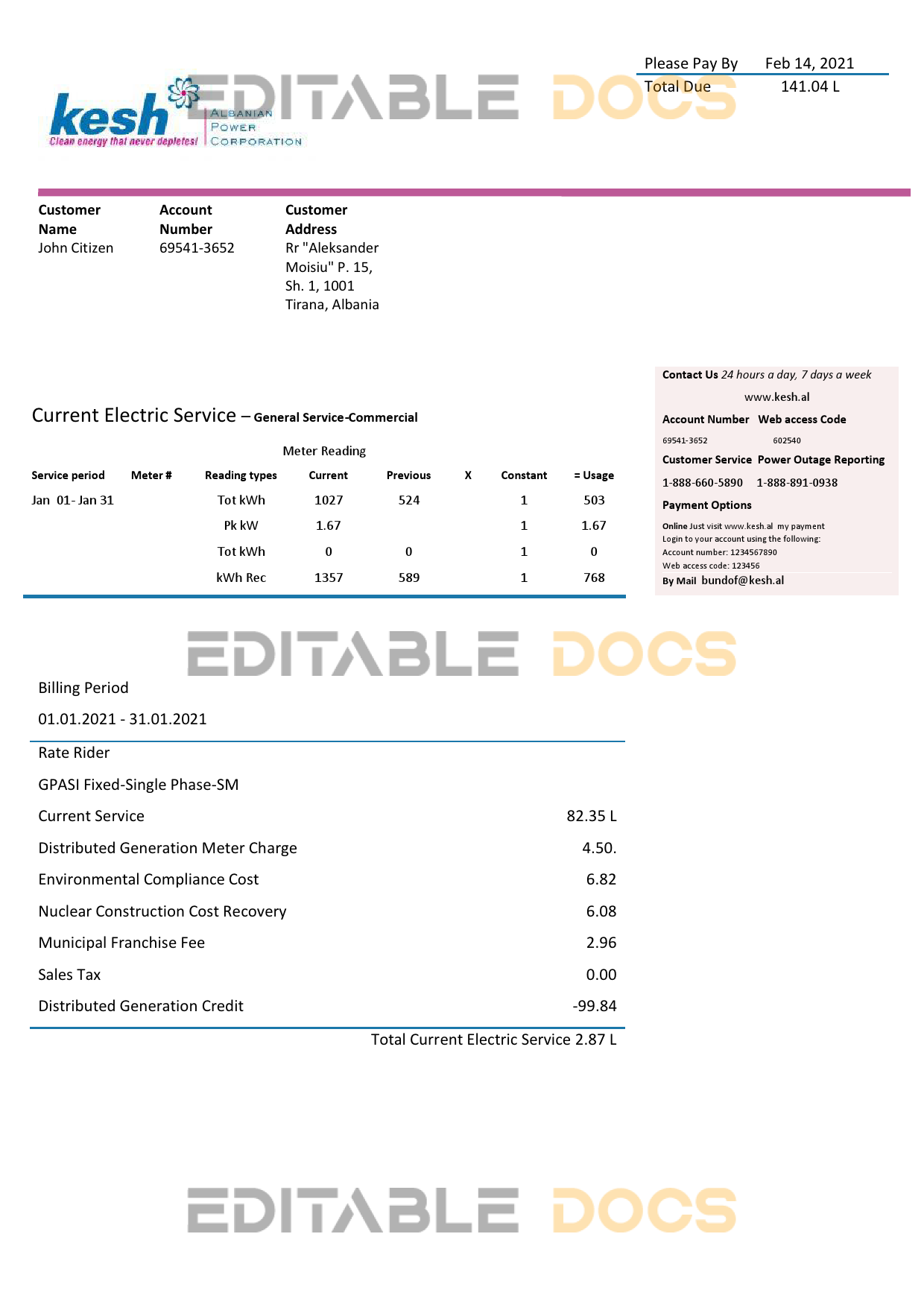 Albania Albanian Power Corporation utility bill template in Word and PDF format