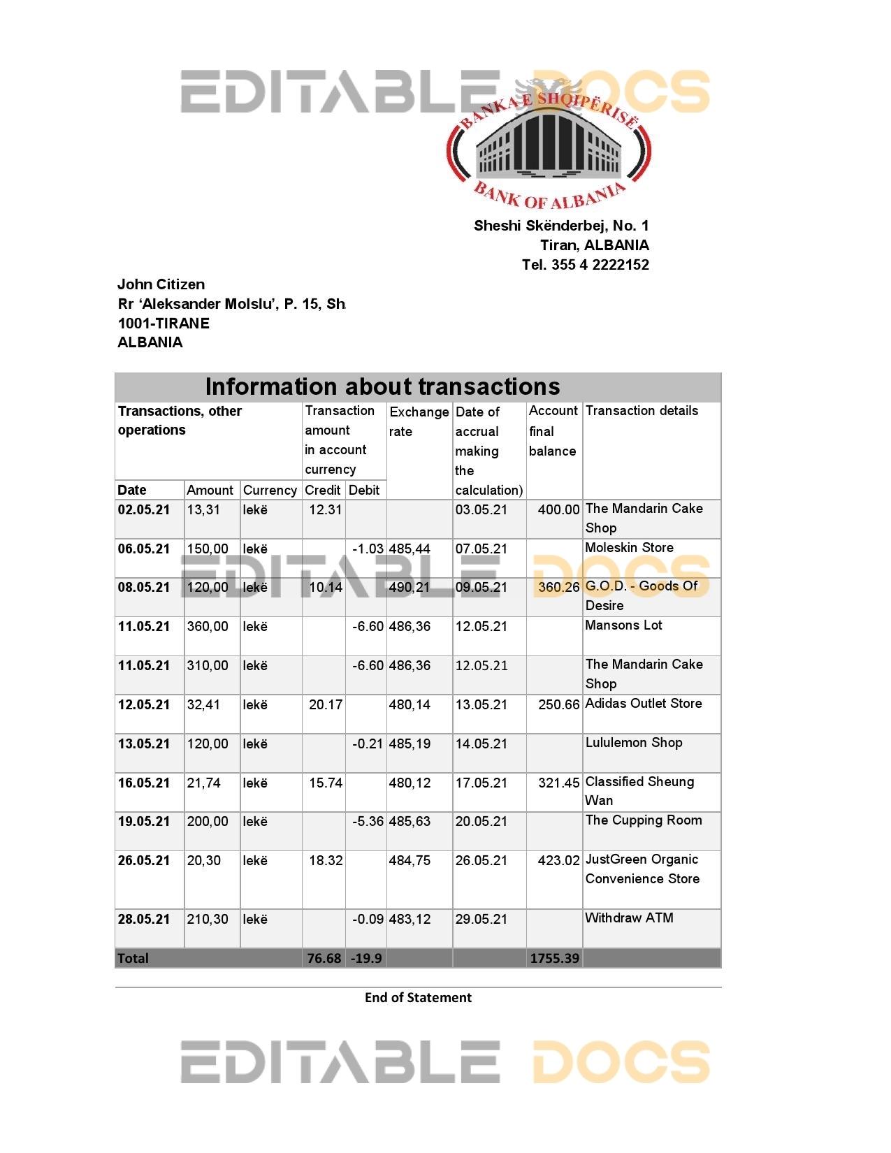 Albania Bank of Albania bank statement template in Excel an PDF format
