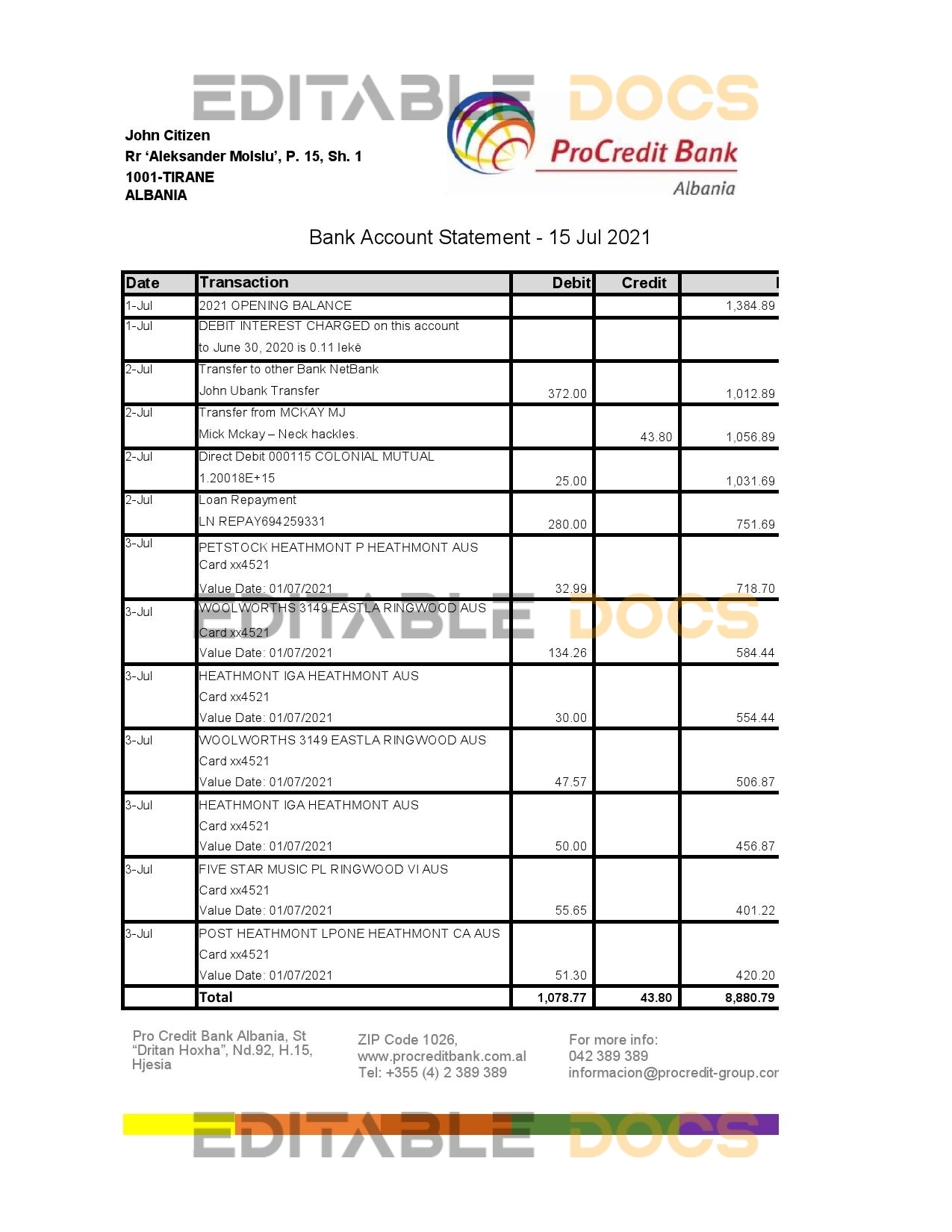 Albania ProCredit bank statement template in Excel and PDF format