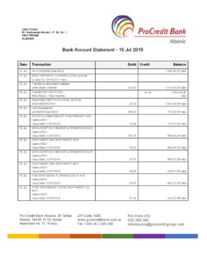 Albania ProCreditBank proof of address bank statement Word and PDF template, .doc and .pdf format
