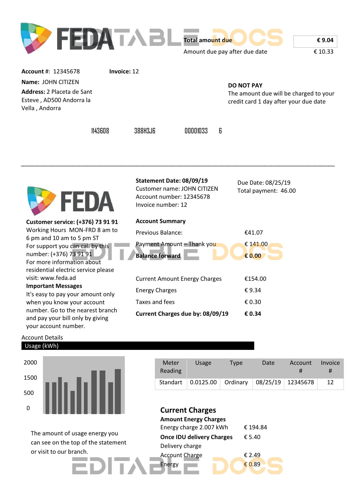 Andorra ELECTRIC FORCES OF ANDORRA utility bill template in Word and PDF format