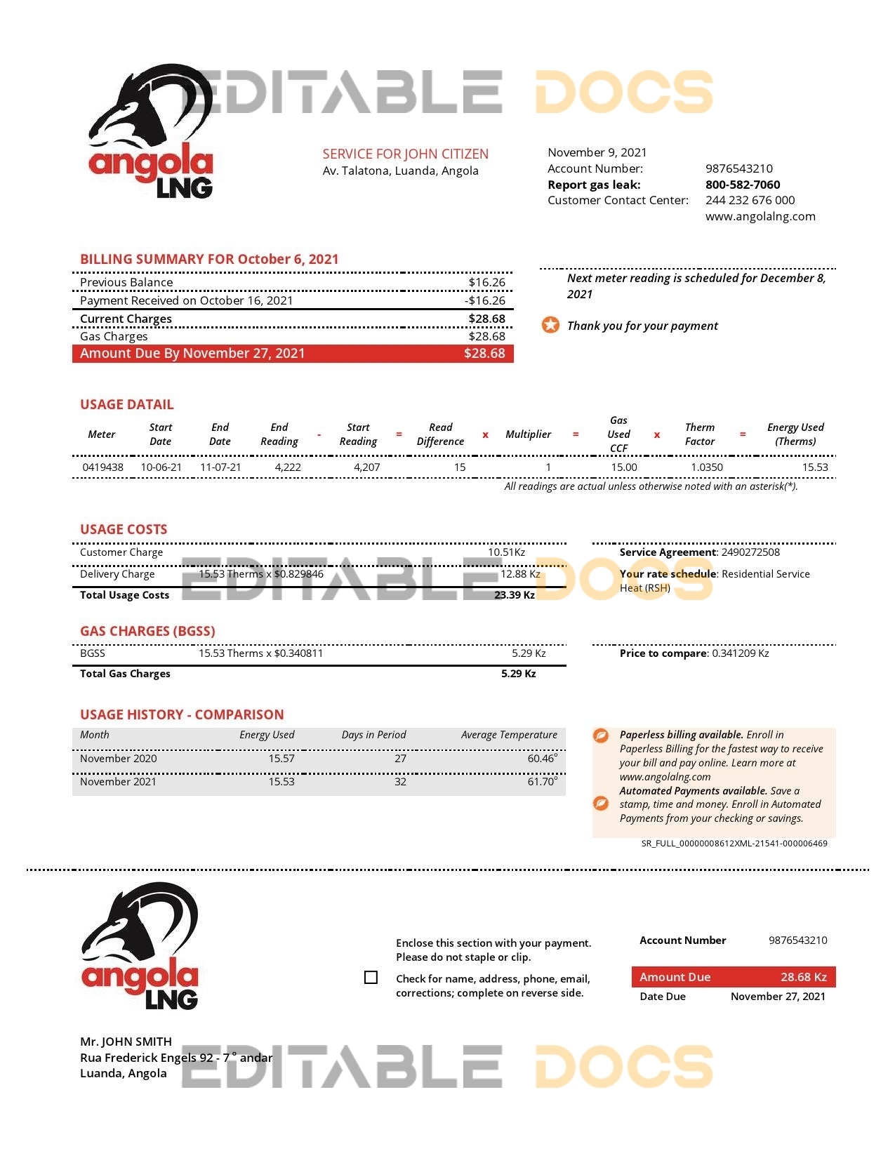Angola LNG proof of address utility bill template in Word and PDF format