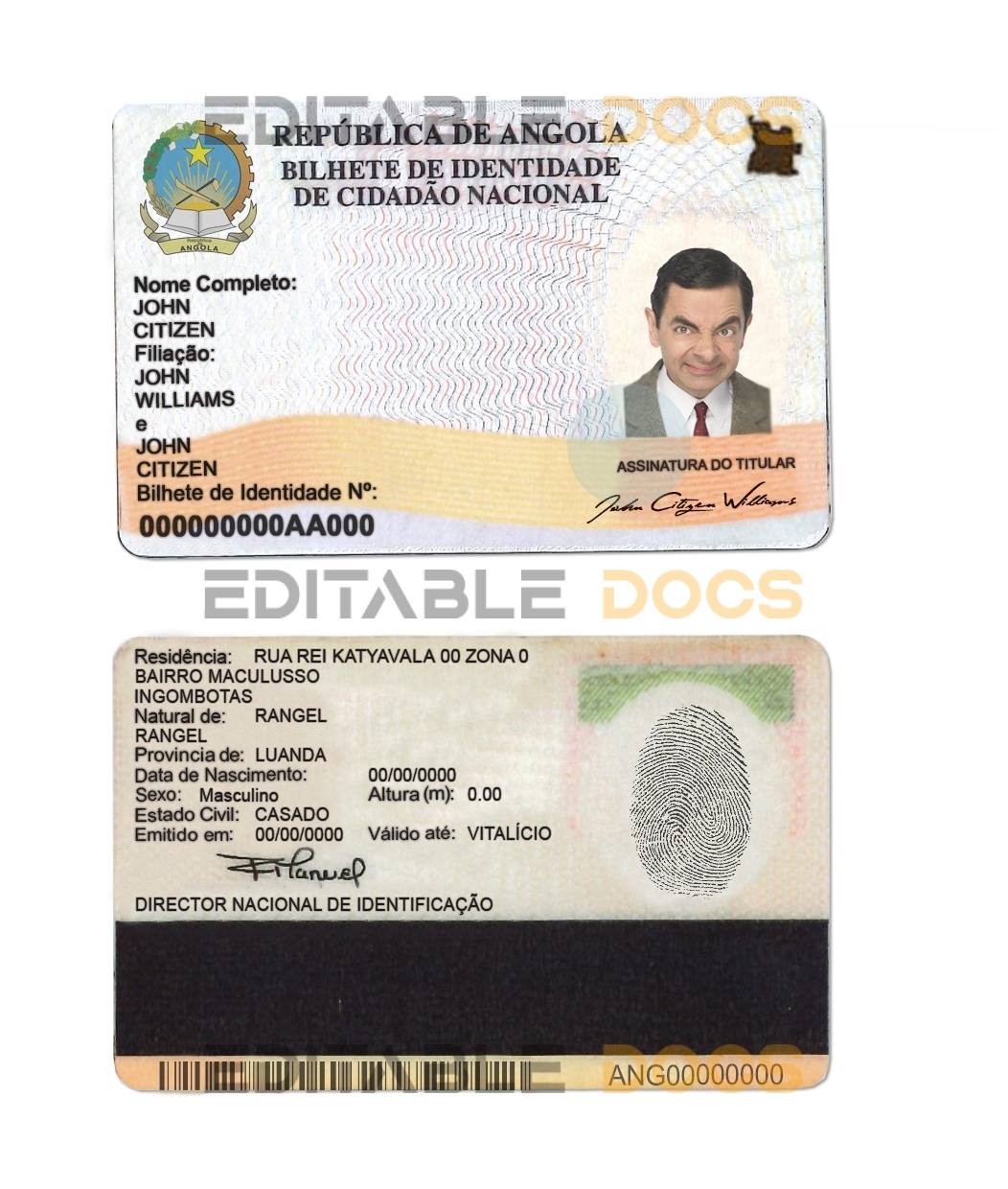 Angola ID card template in PSD format, with fonts