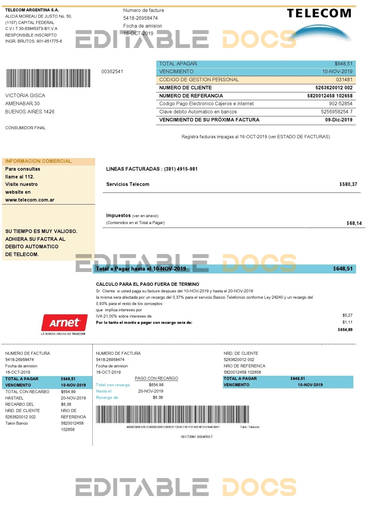 Argentina Telecom utility bill template in .doc and .pdf format fully editable, good for address prove