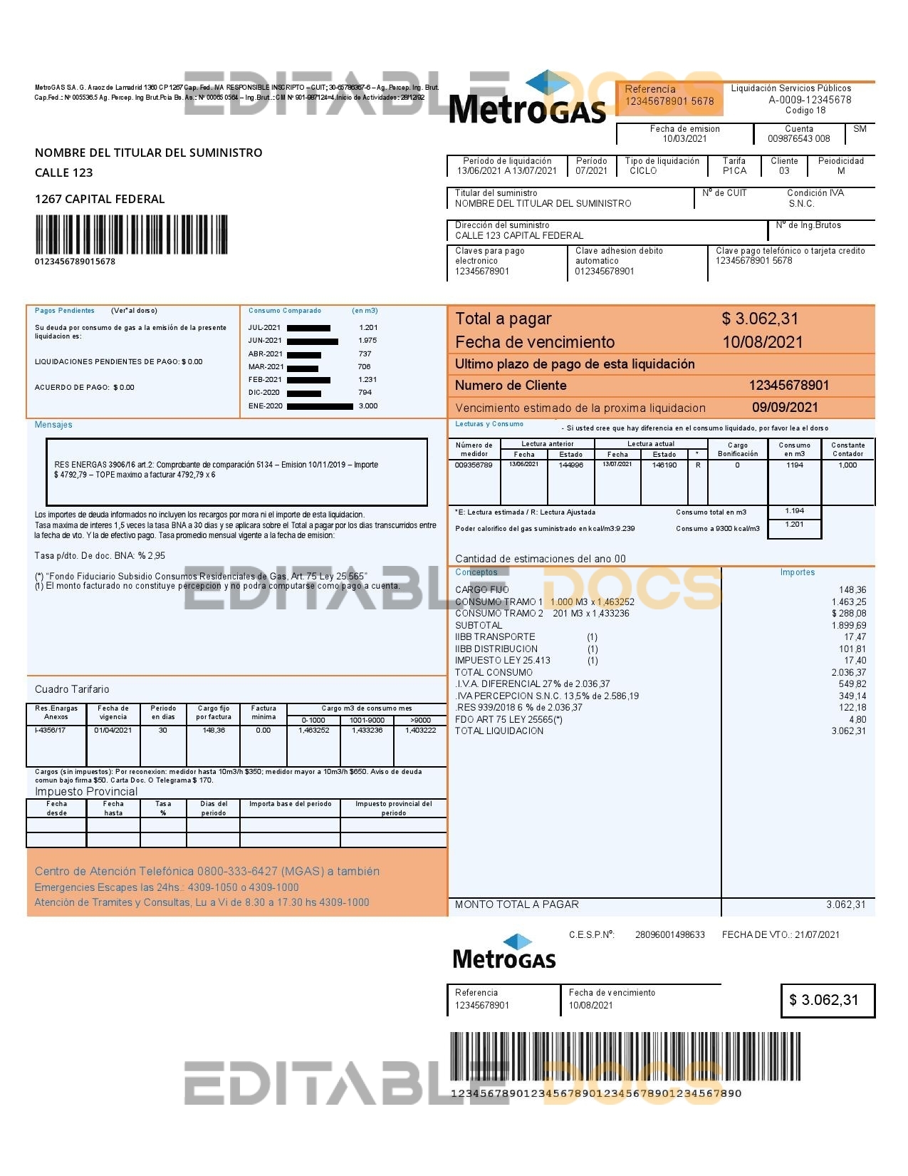 Argentina Metrogas easy to fill utility bill template in Word and PDF format