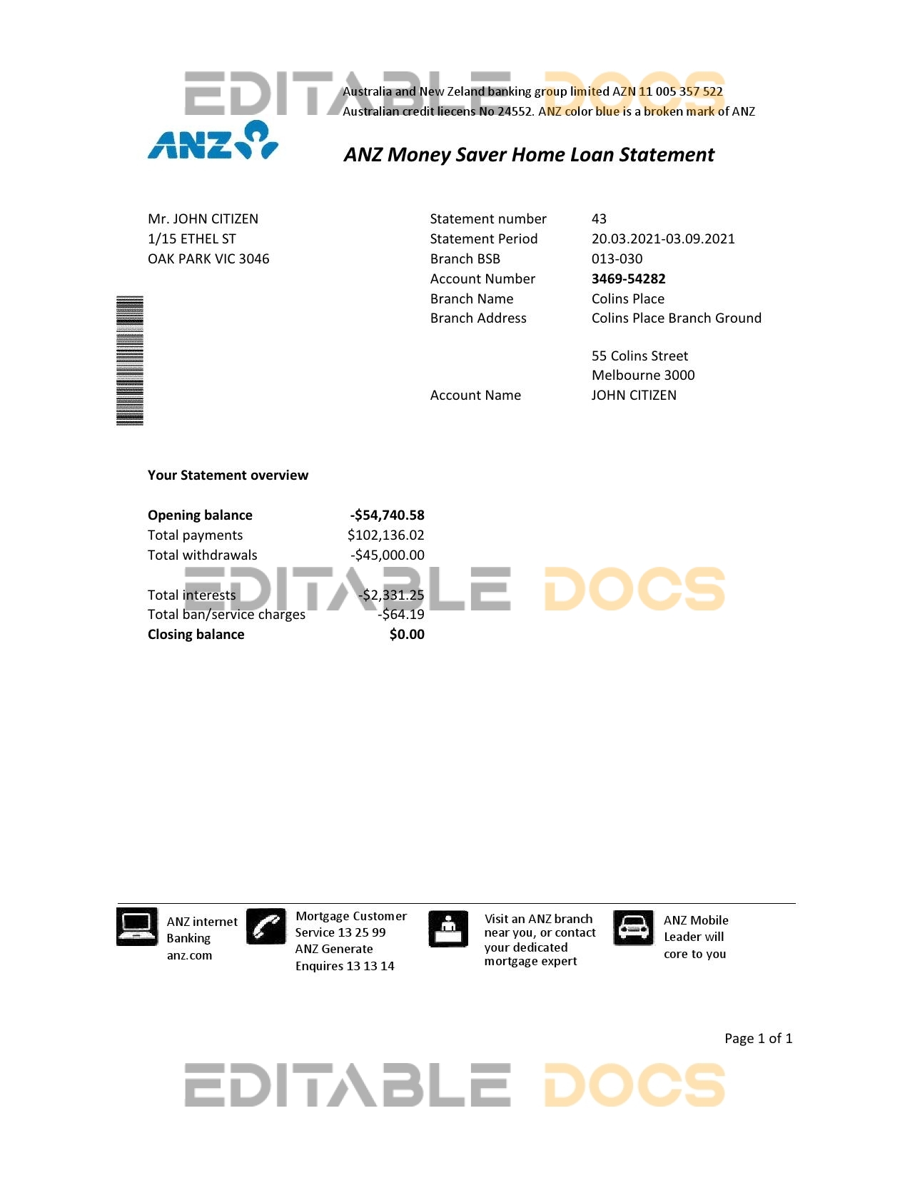 Australia ANZ proof of address bank statement template in Excel and PDF format