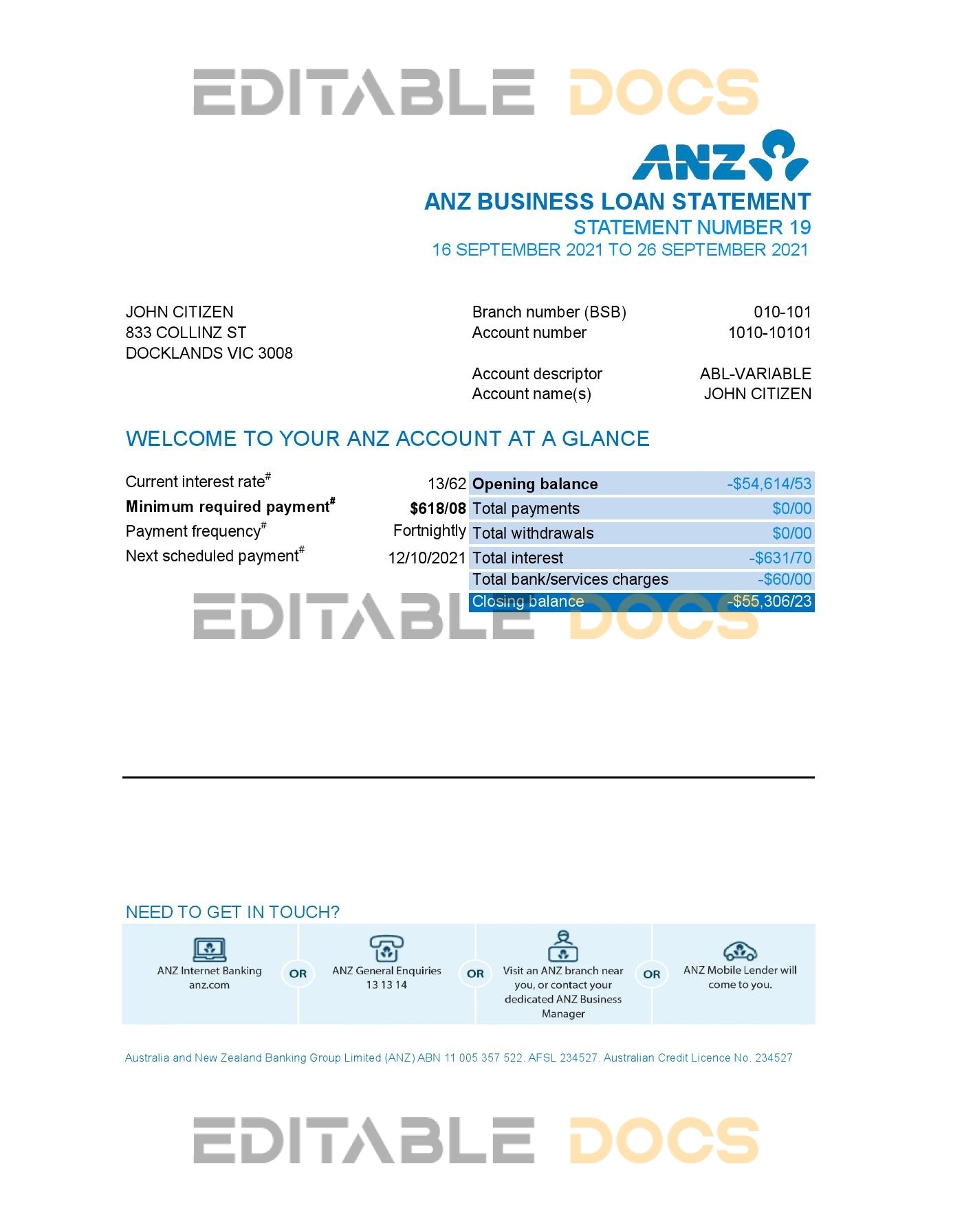 Australia ANZ proof of address bank statement template in .xls and .pdf format, fully editable