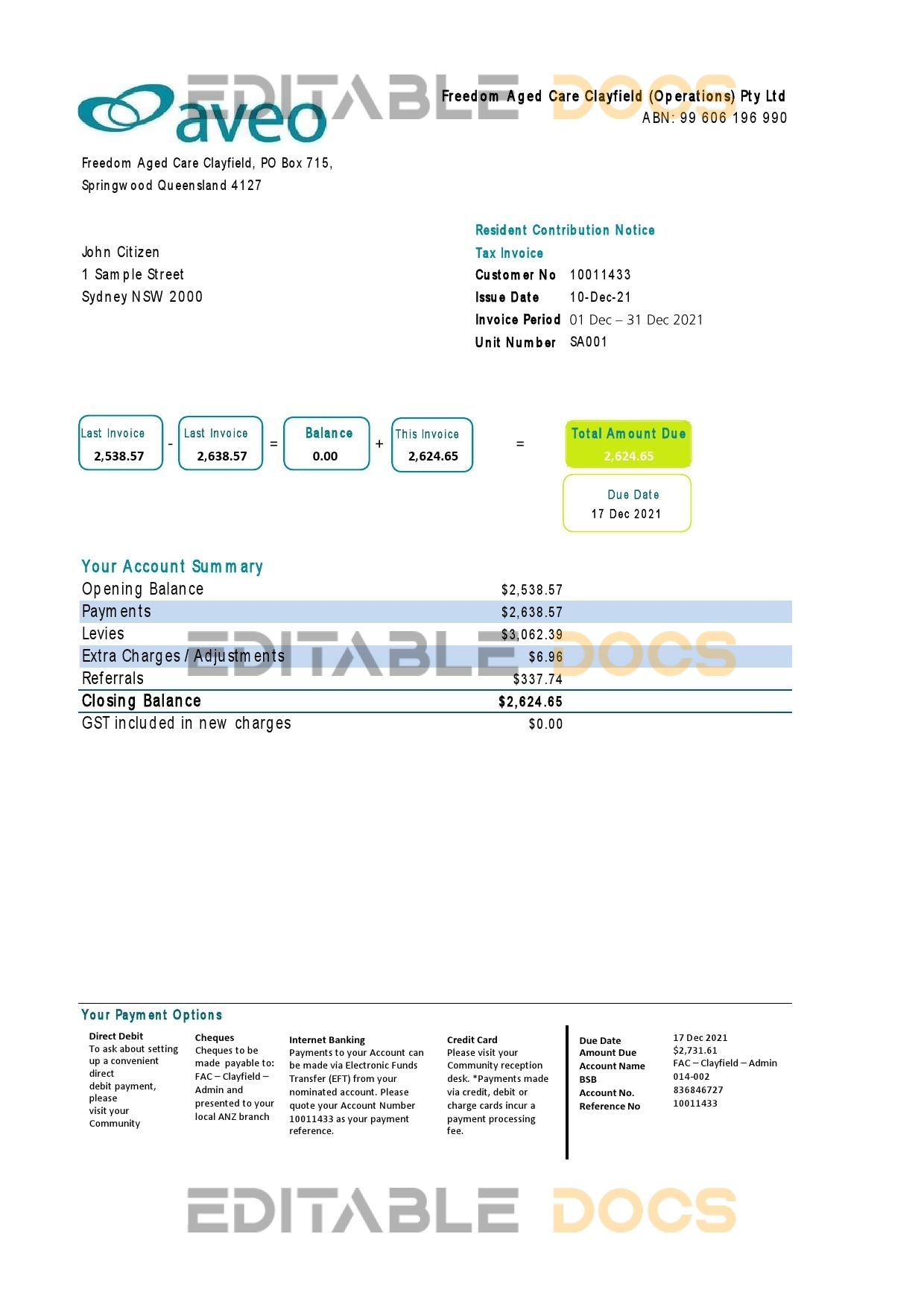 Australia Aveo bank statement template in .xls and .pdf file format