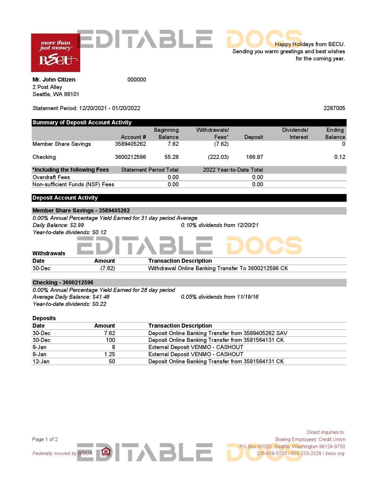 Australia BECU bank statement easy to fill template in Excel and PDF format, 2 pages