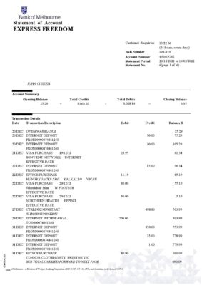 Australia Bank of Melbourne bank account statement Word and PDF template 6 pages 1