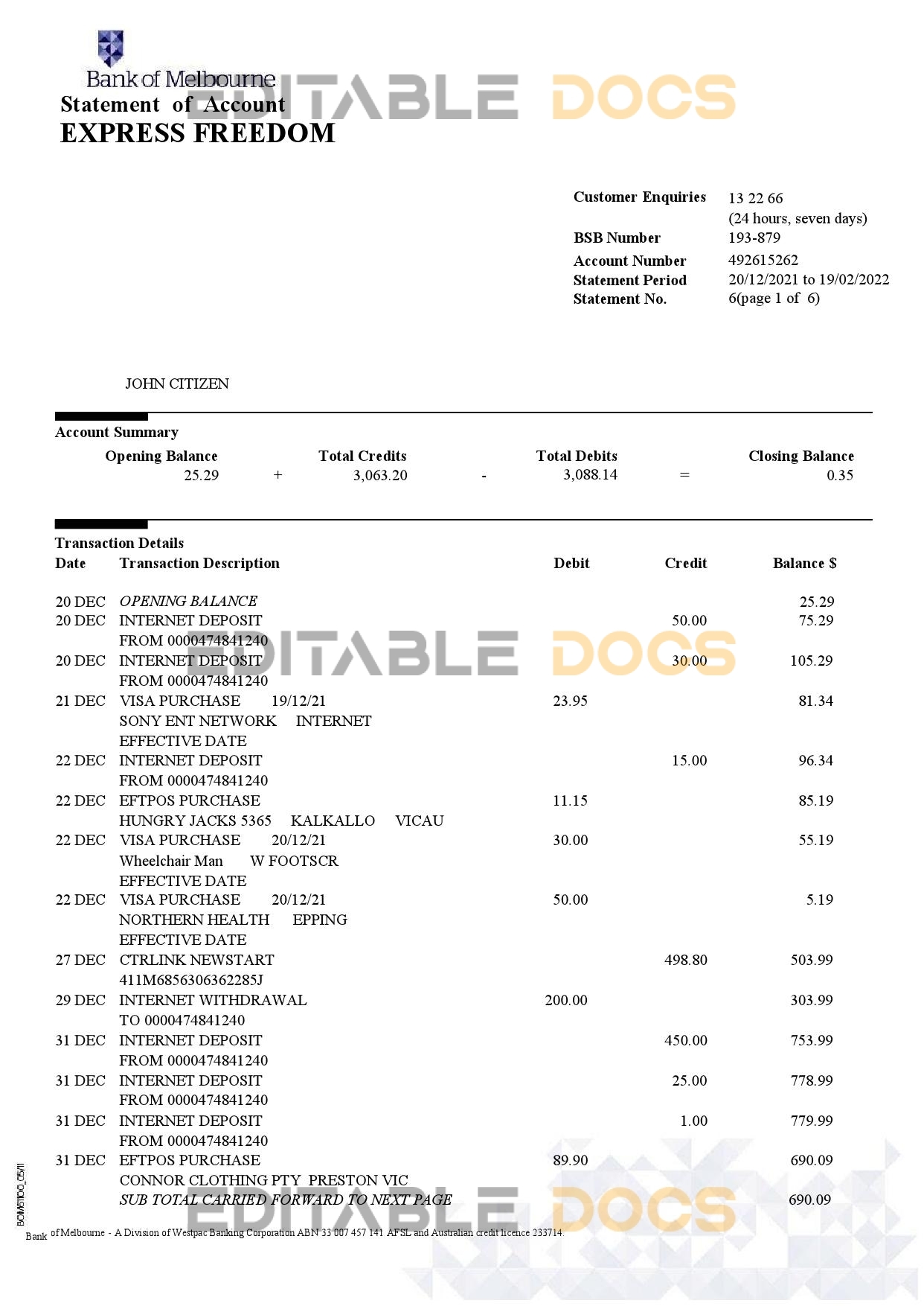 Australia Bank of Melbourne bank account statement, Word and PDF template, 6 pages