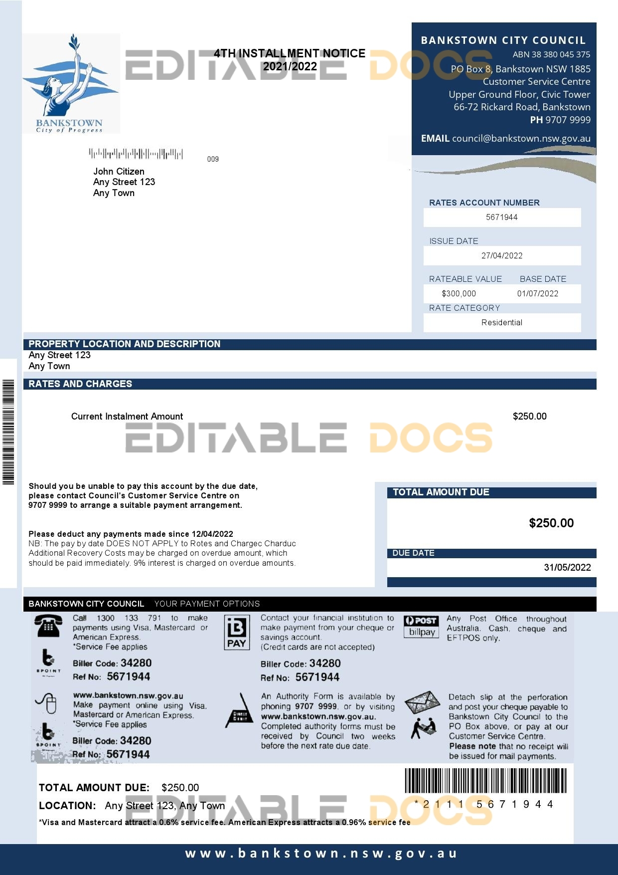 Australia NSW Bankstown City Council utility bill Word and PDF template