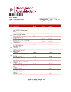 Australia Bendigo and Adelaide Bank bank statement template in Excel and PDF format