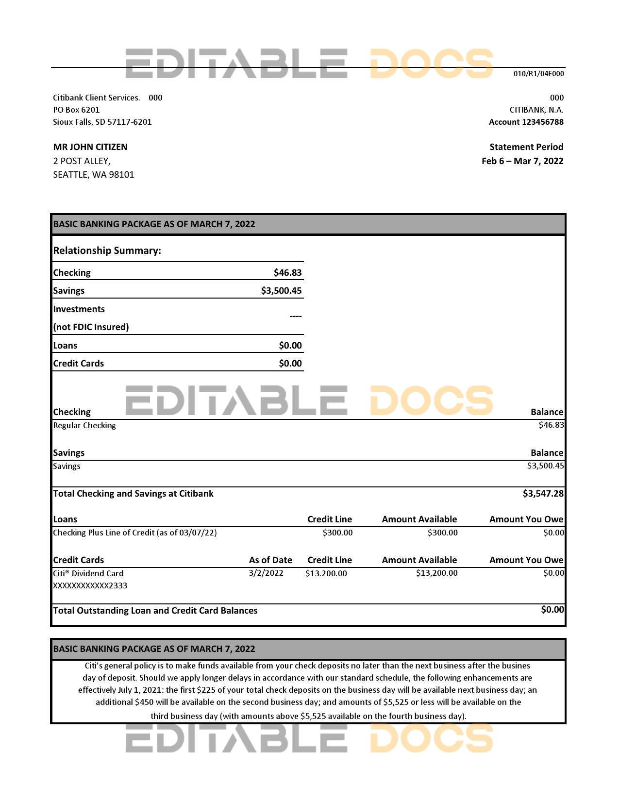 Australia Citibank bank statement Excel and PDF template