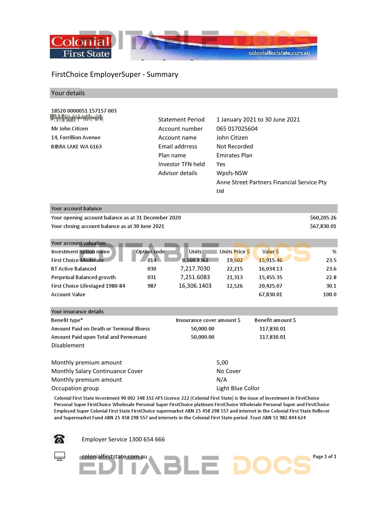 Australia Colonial First State Bank statement template in Excel and PDF format, fully editable