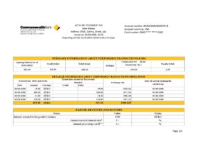 Australia Commonwealth Account Bank statement template in Excel and PDF format, fully editable