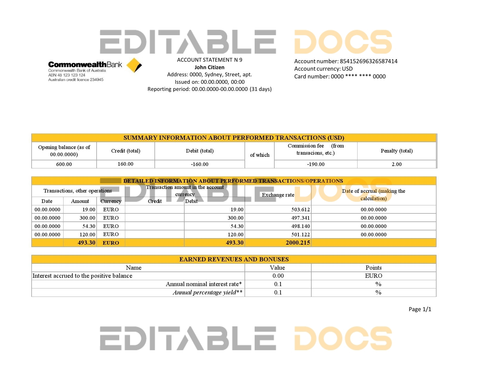 Australia Commonwealth Account Bank statement template in Excel and PDF format, fully editable
