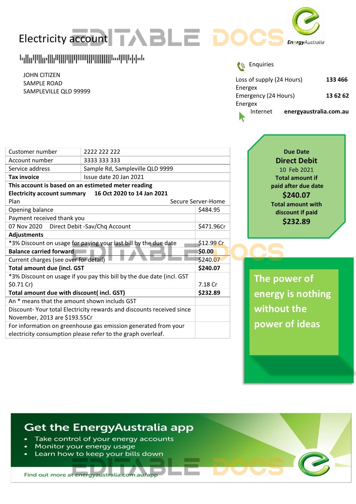 Australia Energy proof of address utility bill template in Word and PDF format