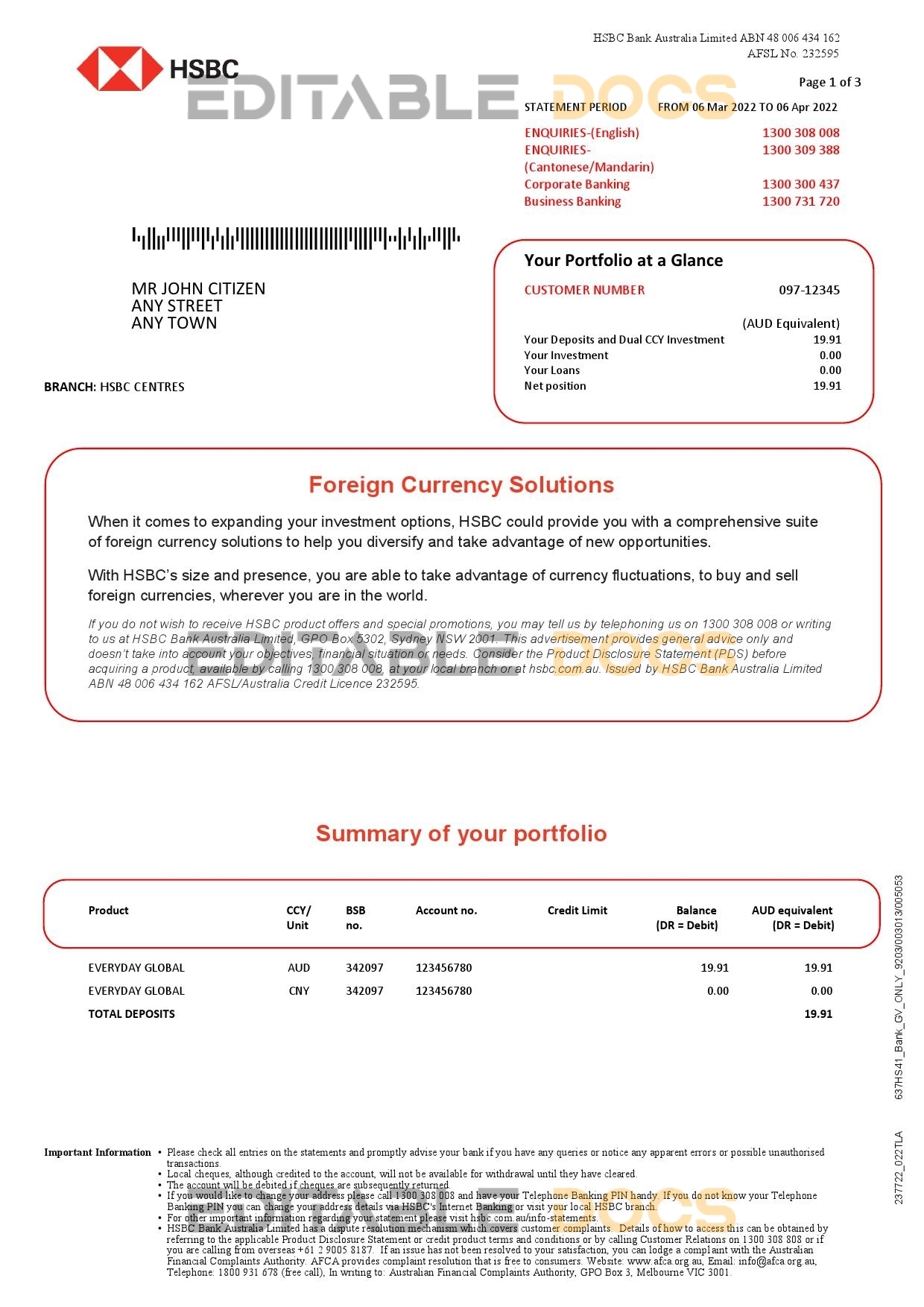 Australia HSBC bank statement, Word and PDF template, 3 pages