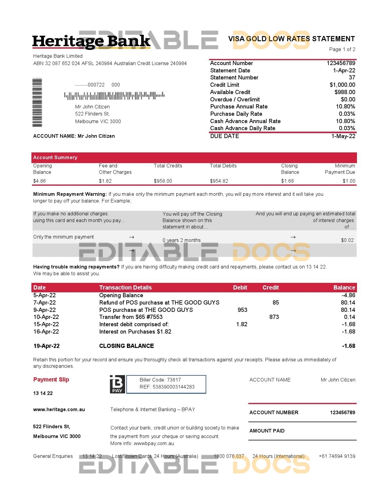 Australia Heritage bank statement easy to fill template in Excel and PDF format, 2 pages