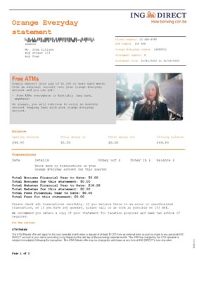 Australia ING Direct bank statement, Word and PDF template, 2 pages 1