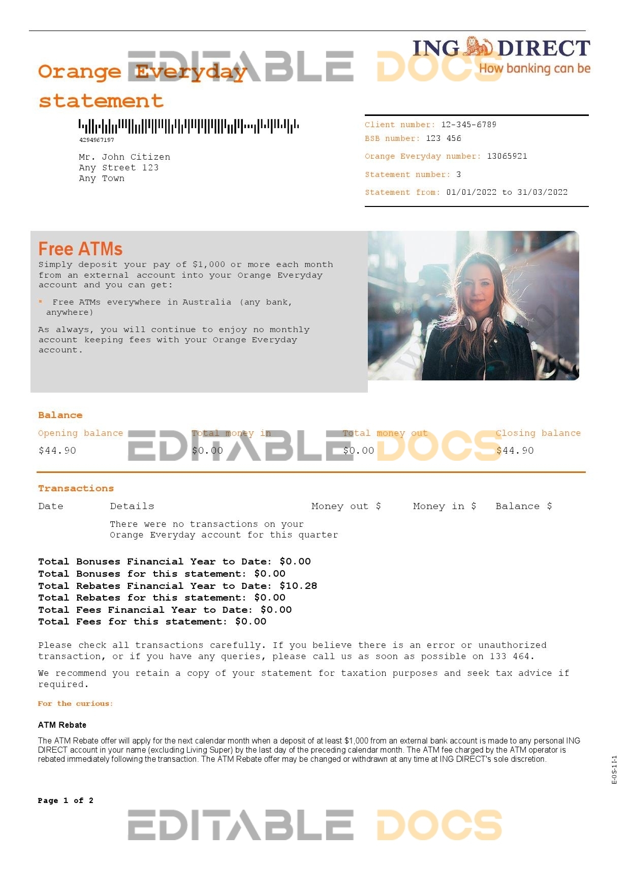 Australia ING Direct bank statement, Word and PDF template, 2 pages