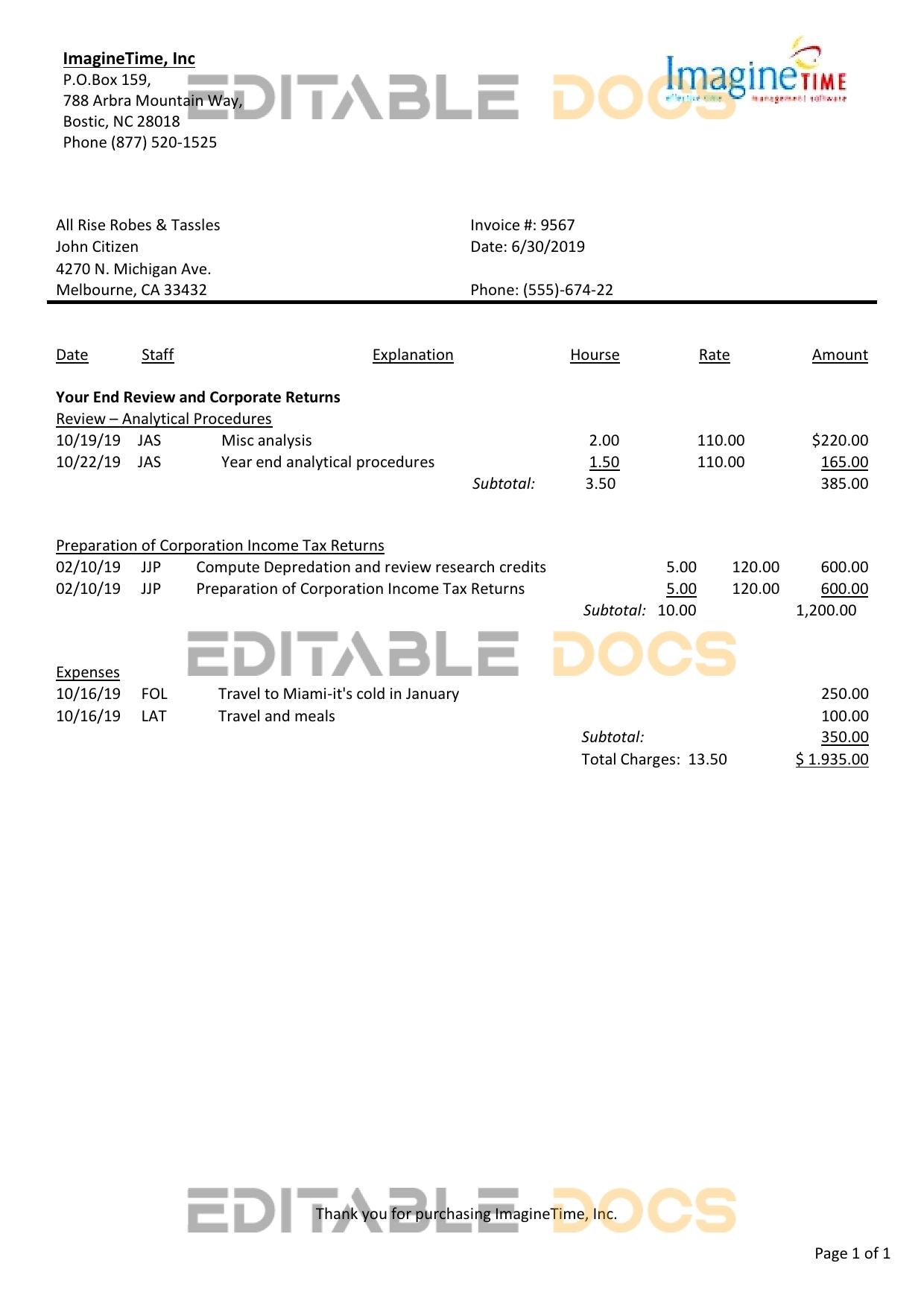 Australia Imagine Time utility bill template in Word and PDF format