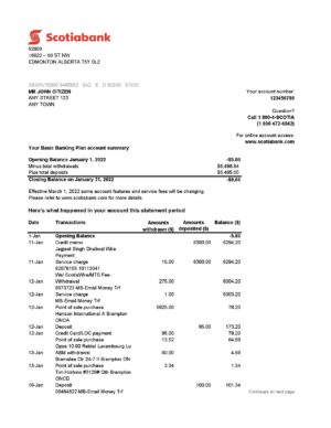 Australia Scotiabank bank statement, Excel and PDF template, 2 pages 1