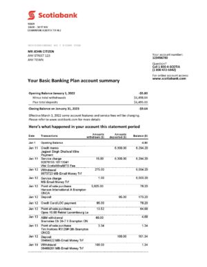 Australia Scotiabank bank statement Word and PDF template 2 pages 1