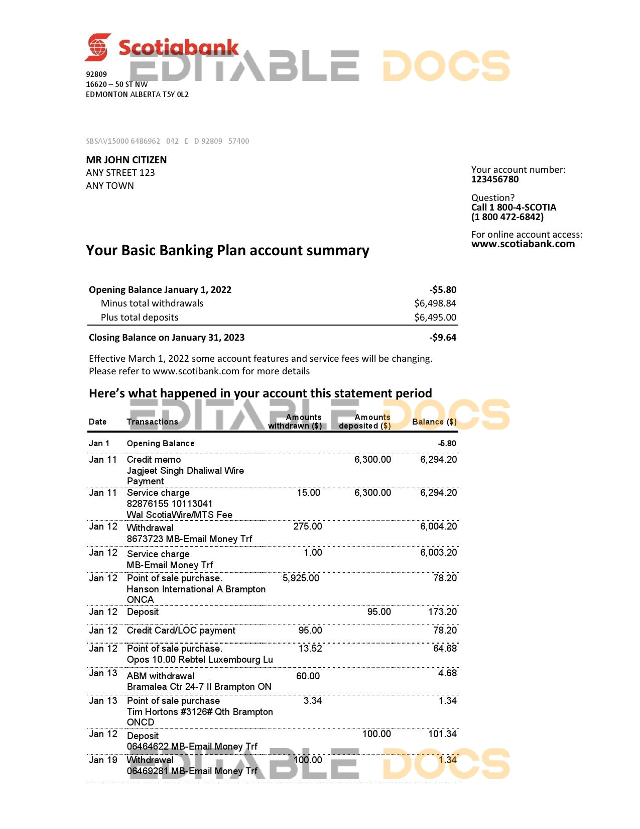 Australia Scotiabank bank statement, Word and PDF template, 2 pages