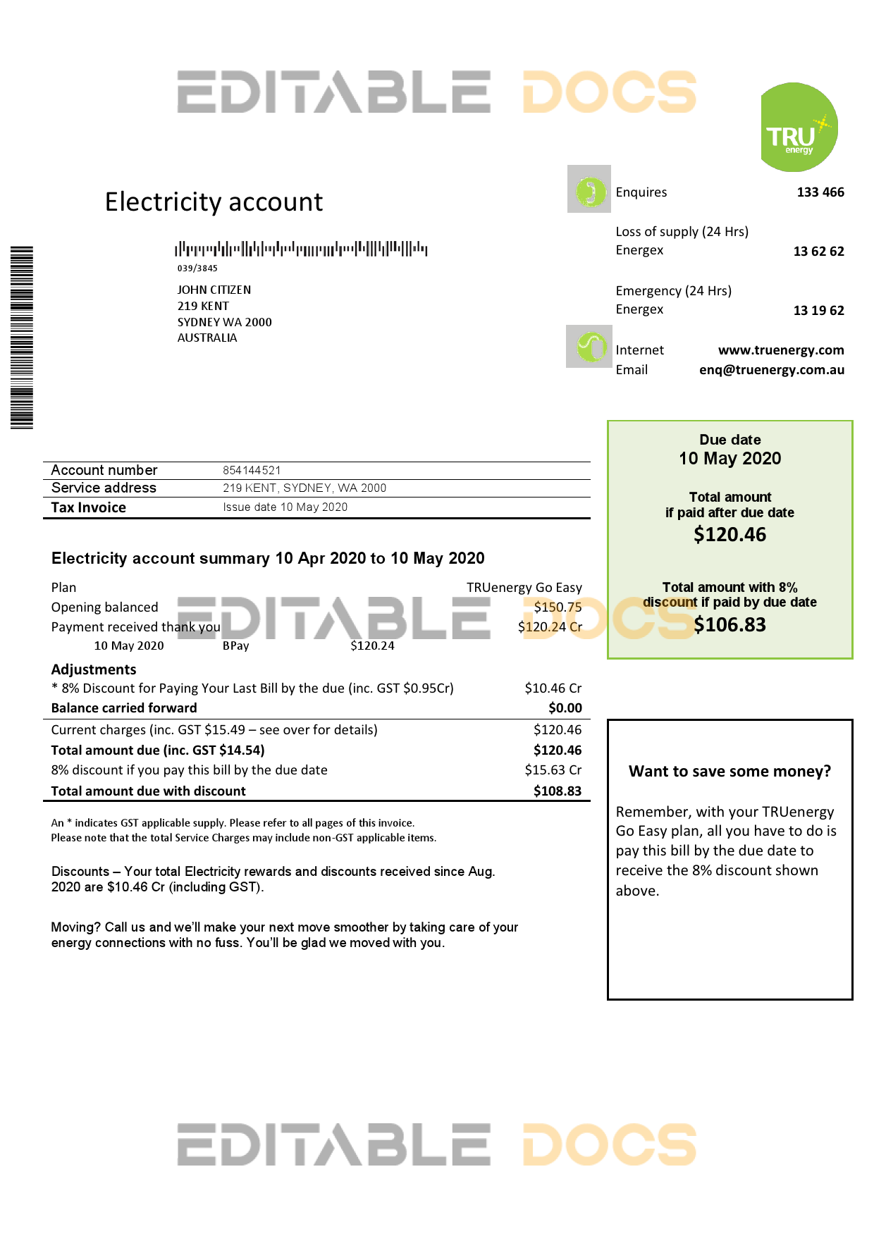 Australia Tru Energy electricity utility bill template in Word and PDF format