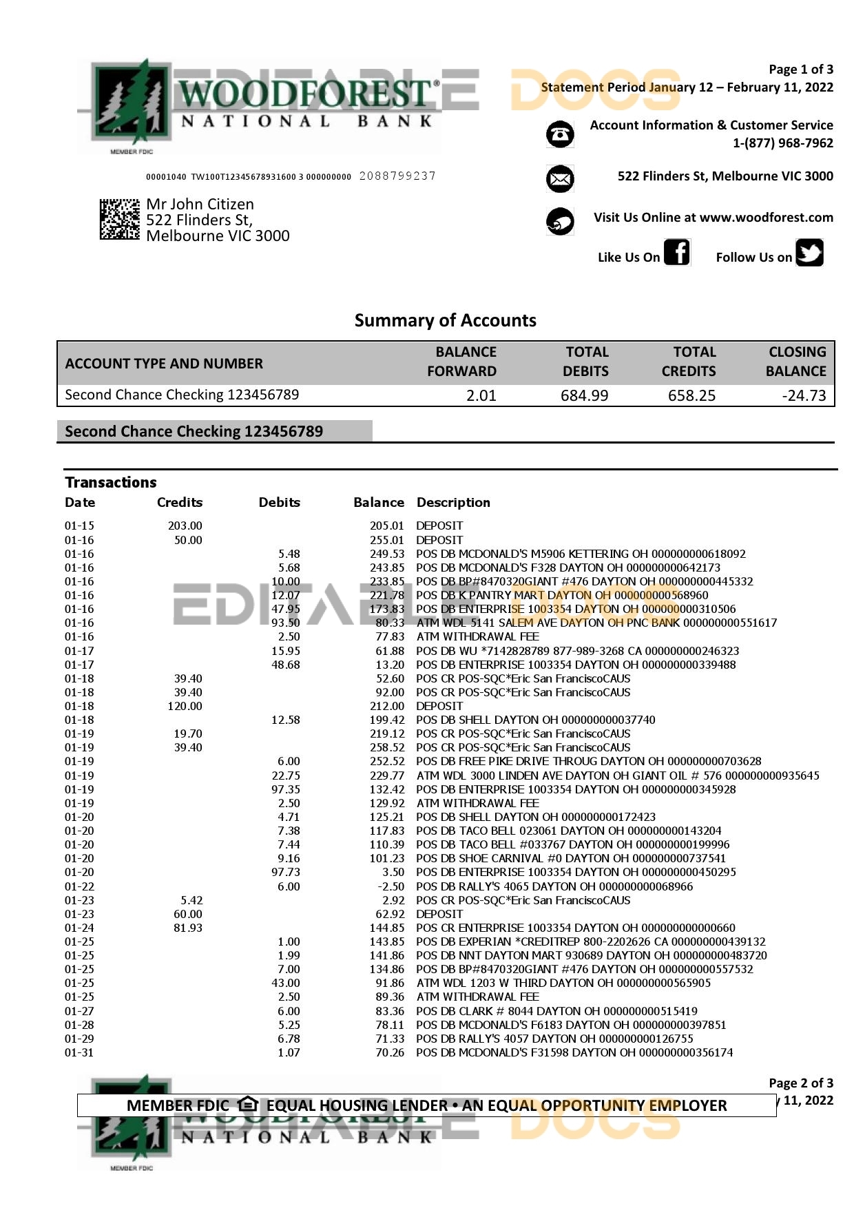 Australia Woodforest National bank statement Word and PDF template, 3 pages