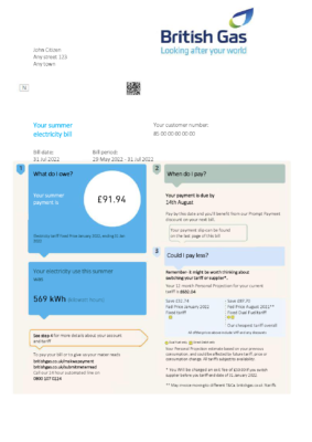 United Kingdom British Gas bill, Word and PDF template, 2 pages