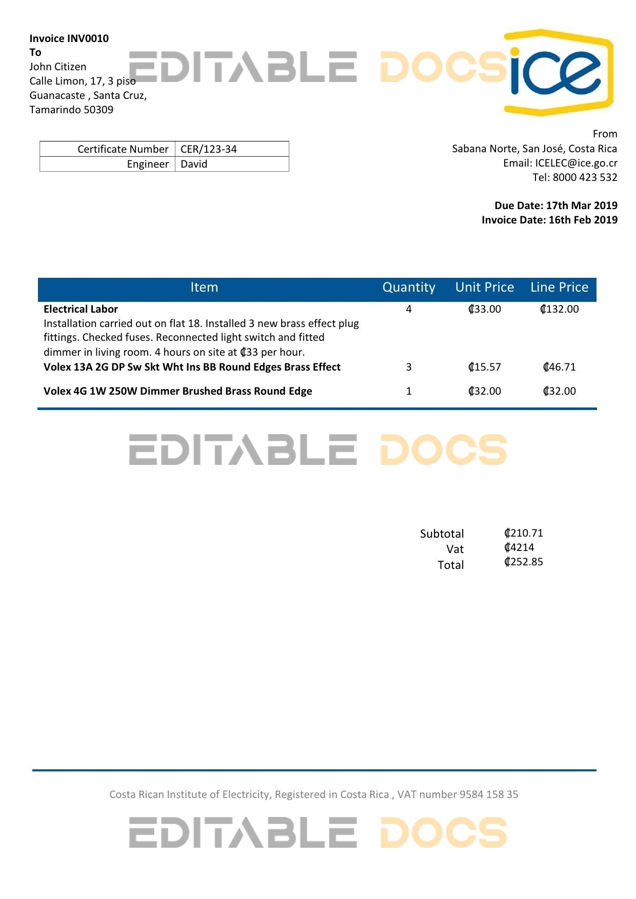 Costa Rica Costa Rican Institute of Electricity utility bill template in Word and PDF format