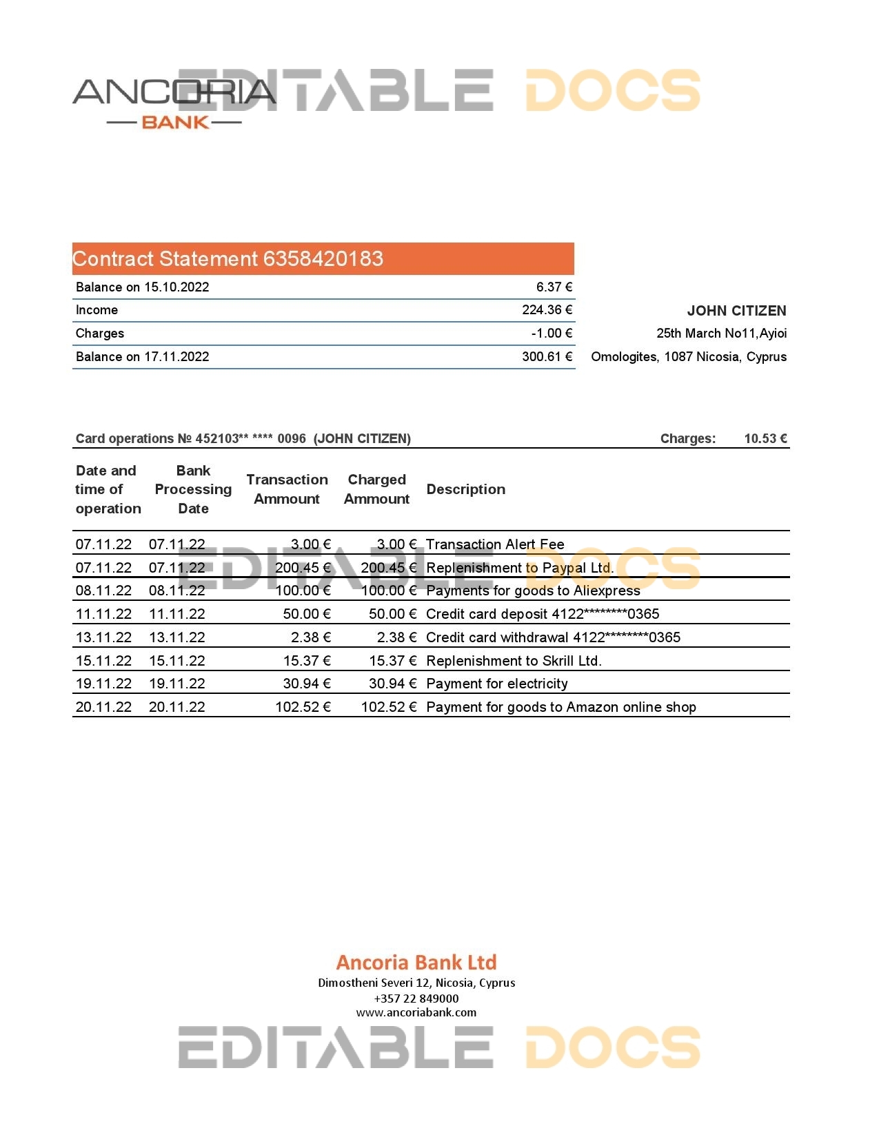 Cyprus Ancoria bank statement Excel and PDF template