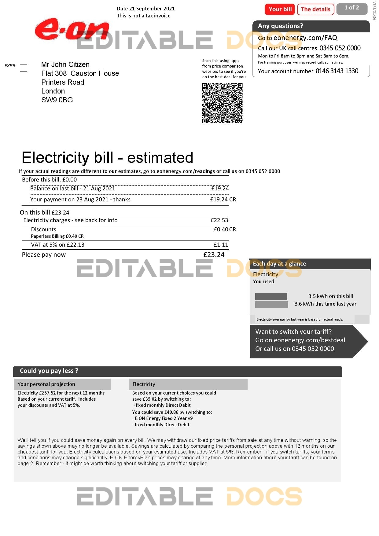United Kingdom E.ON electricity utility bill template in Word and PDF format, 2 pages, version 1