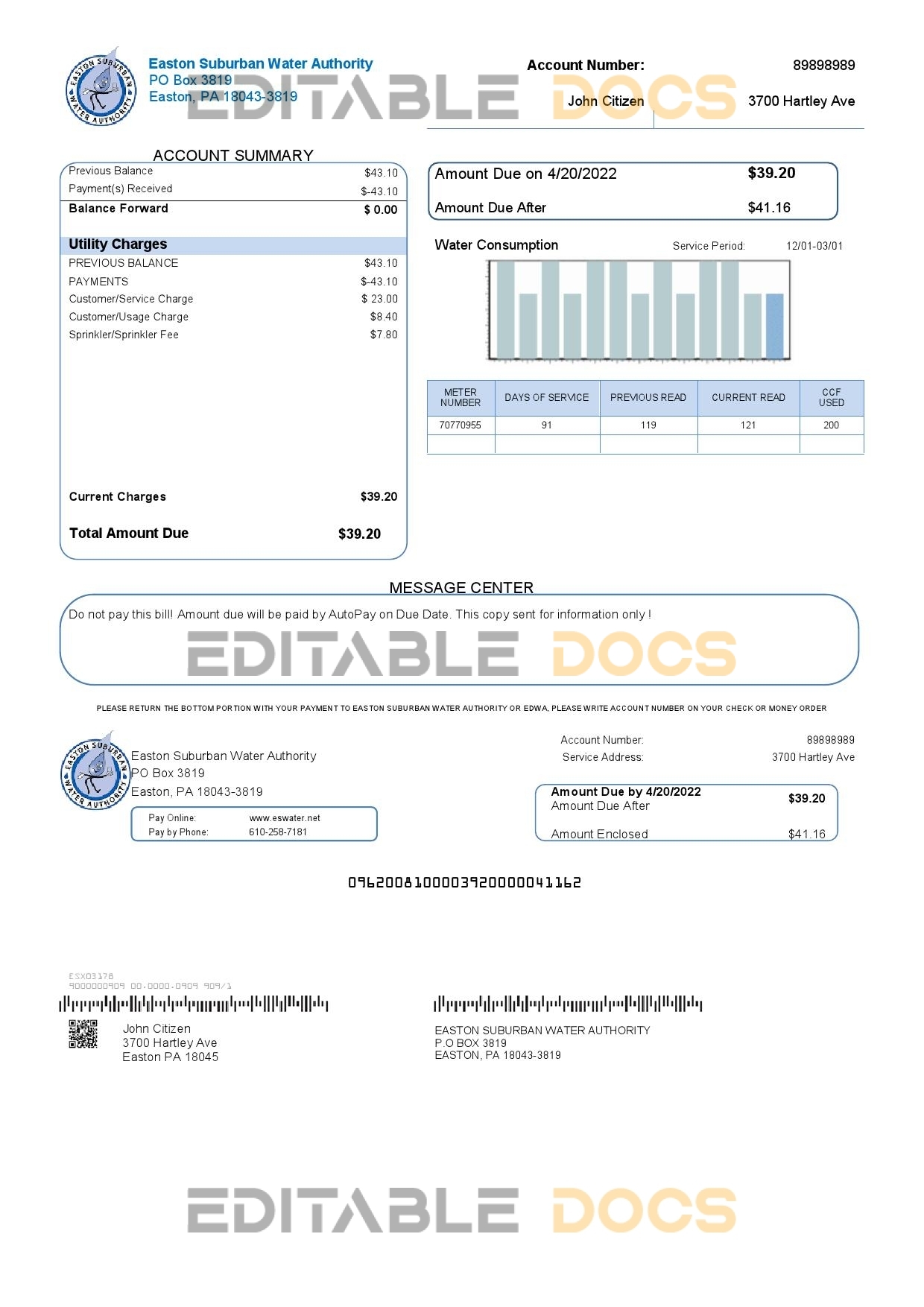 USA Eastern Suburban Water Authority utility bill template in Word and PDF format