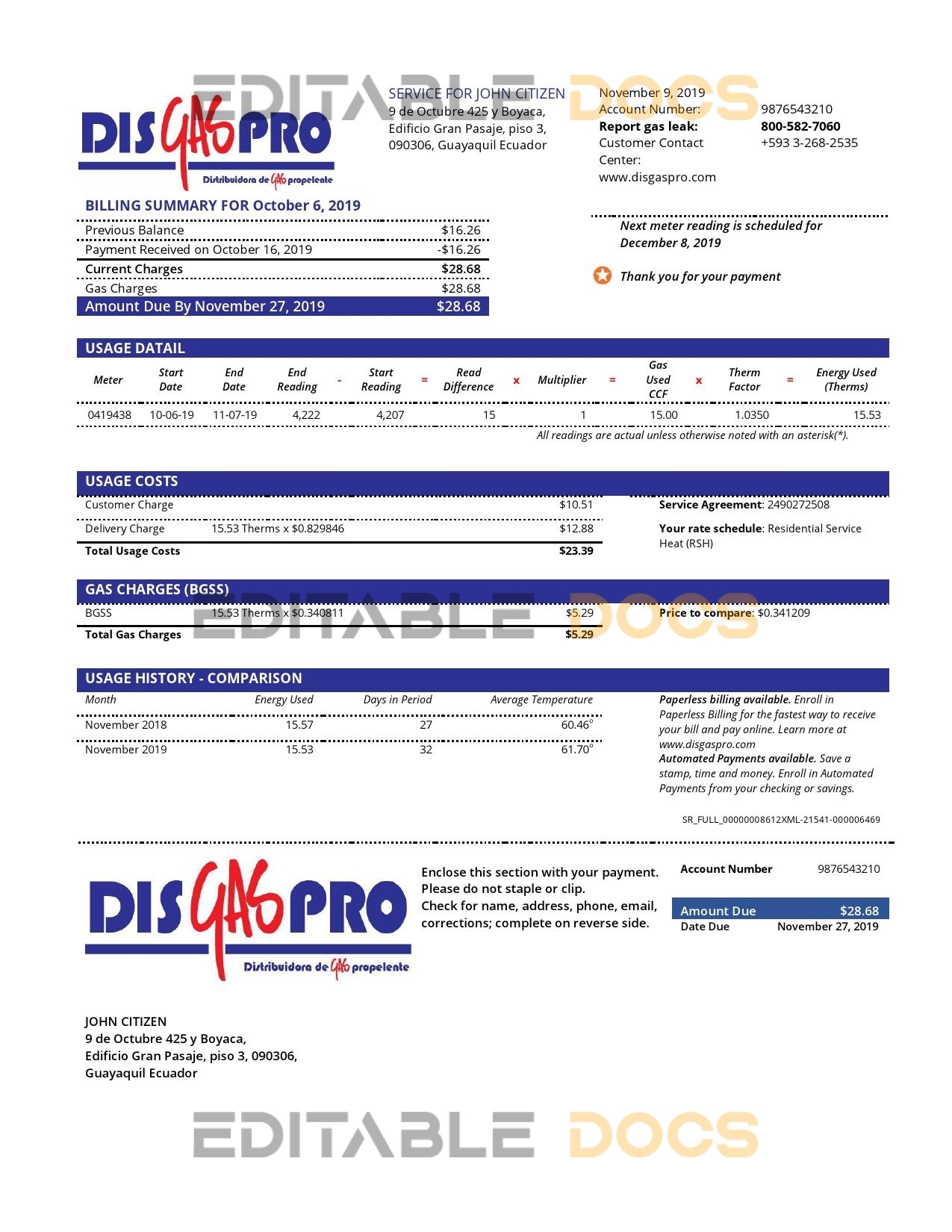 Ecuador Disgaspro gas utility bill template in Word and PDF format