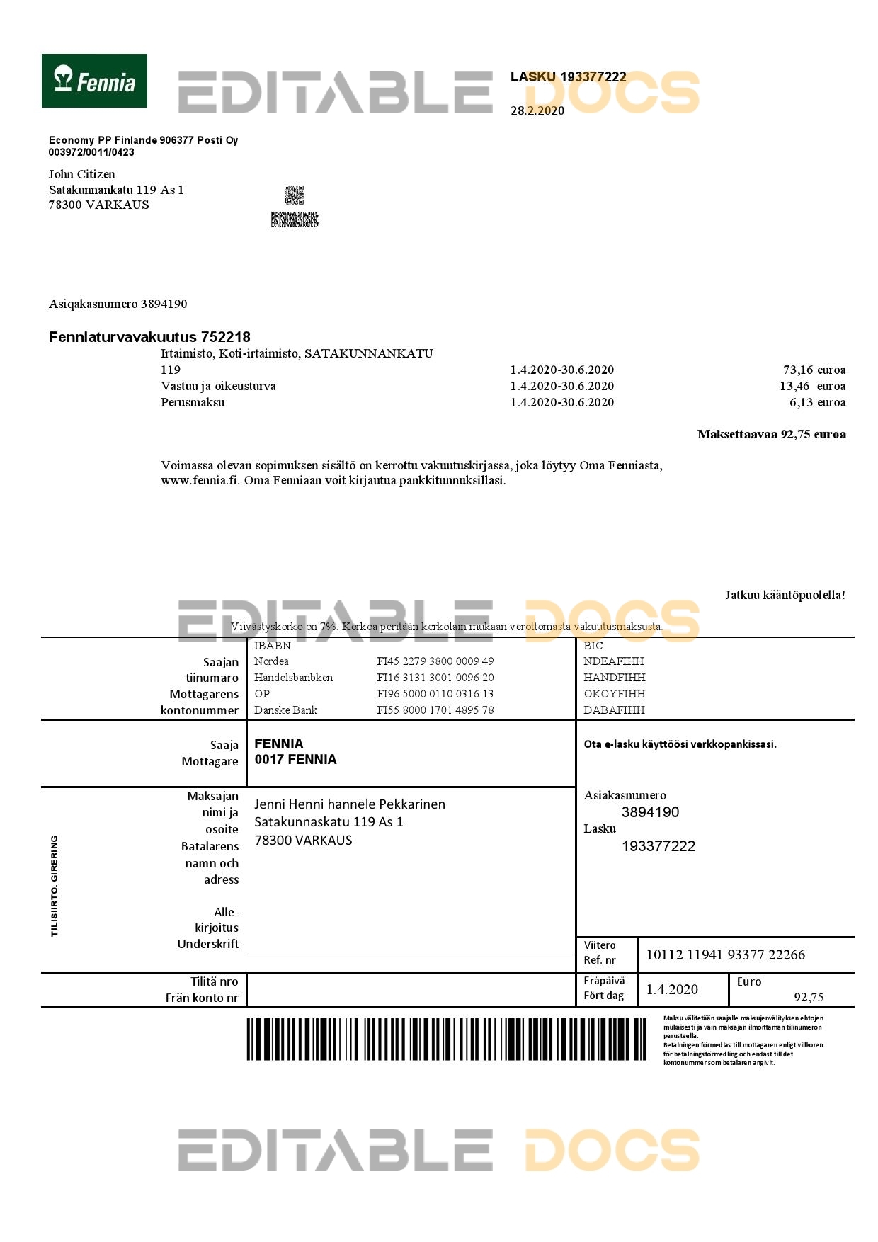Finland Fennia Insurance company bill template in Word and PDF format
