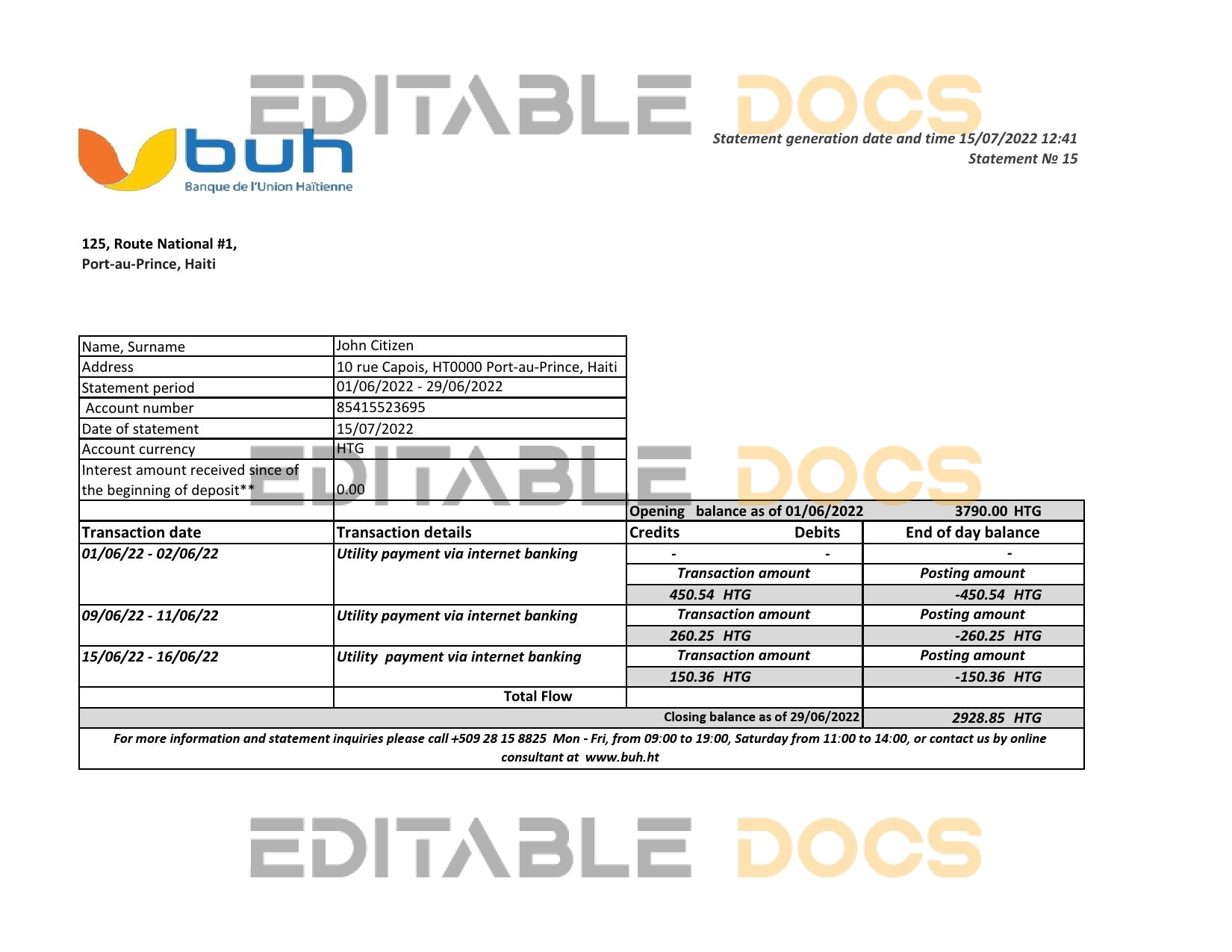 Haiti BUH bank statement Excel and PDF template