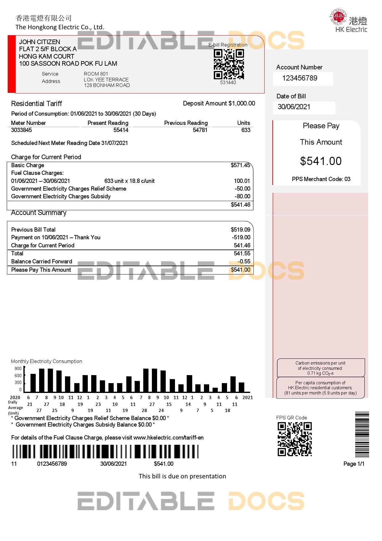 Hong Kong Hongkong Electric Company utility bill template in Word and PDF format